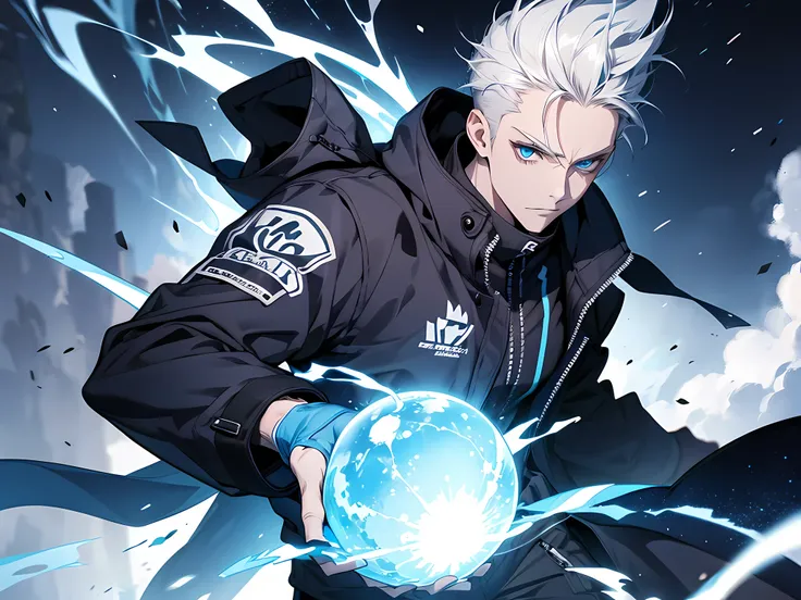 1 person，spiked hair，Bluehair，Energy blue ball with particles，Black white tracksuit，Forehead protector，White long-sleeved raincoat，rios，blue light lightning，the night，eBlue eyes，actionpose