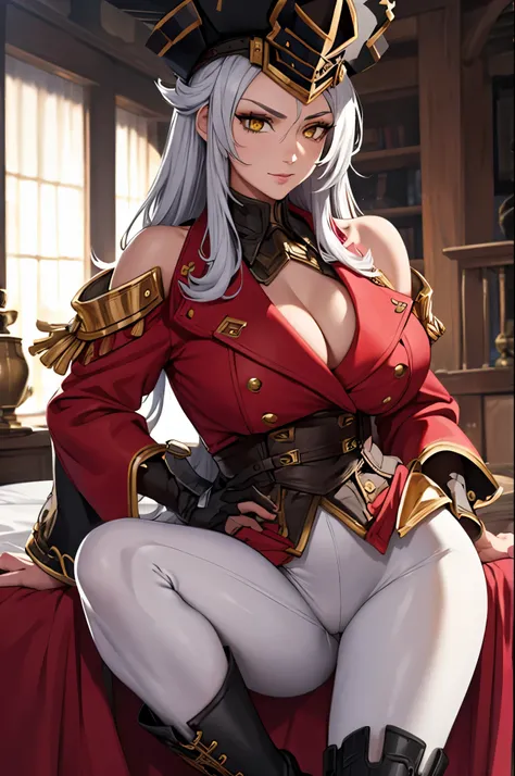 a woman wearing a red bed with gold details, tight white pants, black boots, gold shoulder pads, silver hair, yellow eyes, black pirate hat with gold details, in a large naval shipyard, HDR, very detailed, ultra resolution, masterpiece. 8k hd
