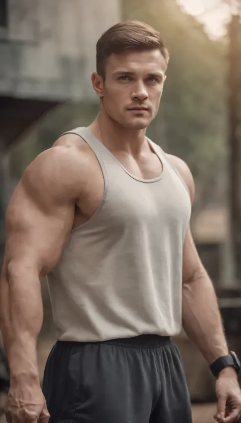 man gymer wearing full vest , big muscle, height 190 cm, big shoulder, big muscle foot, (draww eye detail), (realestic)