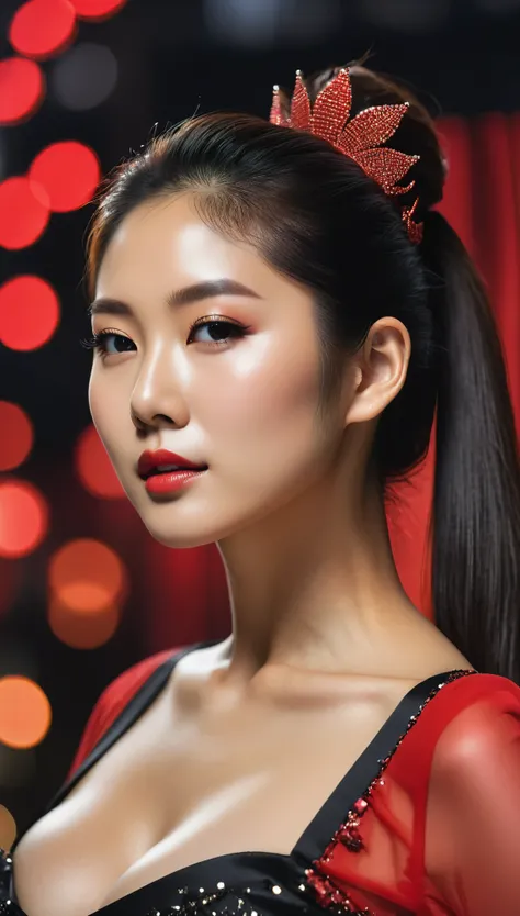 close-up, side shot of beautiful korean female, 34 inch breasts size, ponytail, wearing as red black race queen, bokeh background, Polaroid photo, UHD 