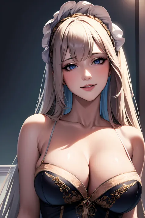 (8k, masterpiece), ultra high resolution, (realistic, photo-realistic), Marie Antoinette, lingerie, giving a cute and sexy smile, in magical fantasy city, dynamic lights, delicate face, detailed skin, realistic skin details, visible pores,