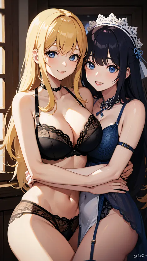 (Best quality:1.3), 2 women hugging, large breasts, lingerie, smiling