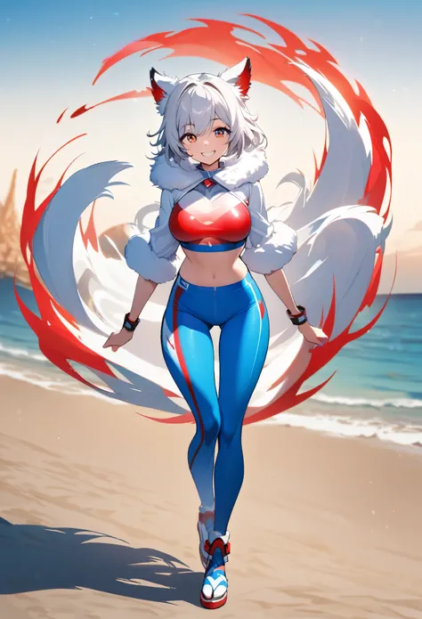 woman,full body,smiling,front view,white fur collar, red elements, glowing crop top, blue leggings, thigh gap, beach