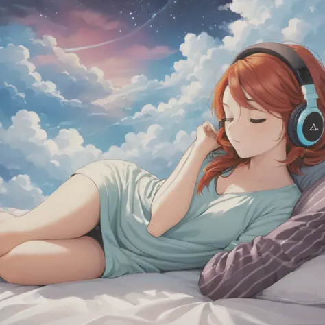 A beautiful painting of a beautiful redhead woman wearing headphones sleeping on a bed of colorful clouds 