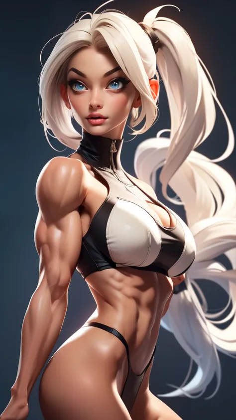 Drawing of platinum blonde katopunk female fitness model, hair in pigtails, toned body, feminine, (large breast implants:1.1), torso shot, wide shoulders, veins, beautiful face, detailed eyes, perfect eyes, makeup, full lips, slim face, high cheekbones, (b...