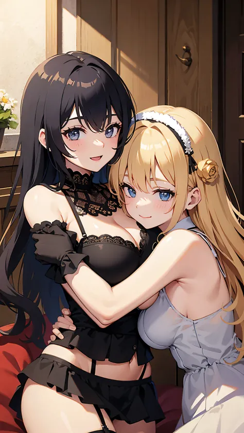 (Best quality:1.3), 2 women hugging, large breasts, lingerie, smiling