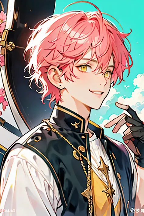 Masterpiece, best quality, solo, 1 male, short hair, pink hair, yellow eyes, smile facial