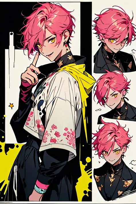 Masterpiece, best quality, solo, 1 male, short hair, pink hair, yellow eyes, smile facial