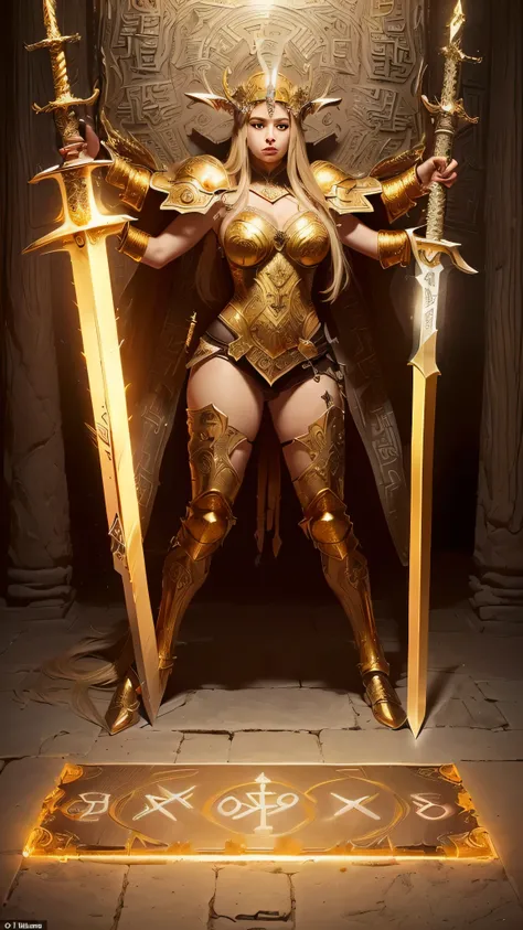 (masterpiece:0.8, best quality:1.5), intricate:1.8, (((((ONE gigantic wide golden sword, glowing runes, etching, ancient power))))), kneeling paladin woman medieval armor black chrome