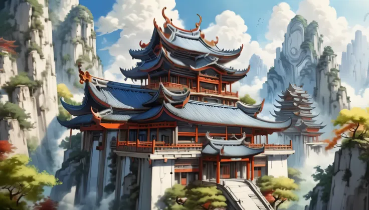 chinese traditional architecture,temple as the main body，mountains，dense woods，summer,sunshine,blue sky and white clouds