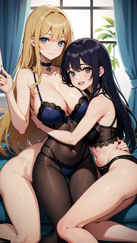 (Best quality:1.3), 2 women hugging, large breasts, lingerie, smiling