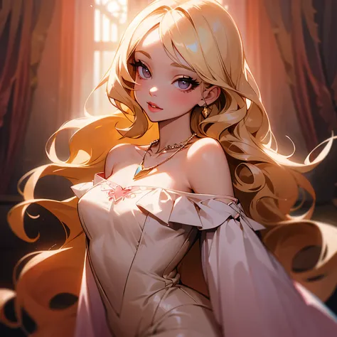 Young woman with long curly blonde hair with bright honey eyes with light pink lips light skin wearing a little bloodstained off-the-shoulder dress with a small necklace 