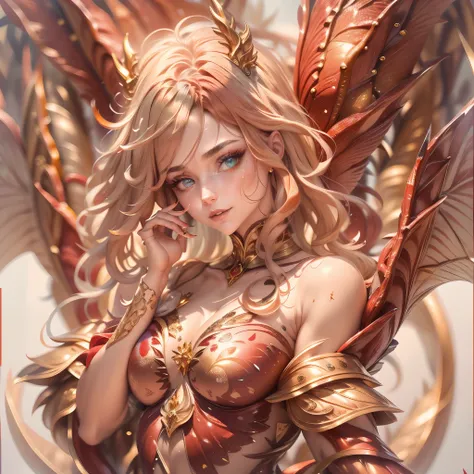 (best quality,4k,8k,highres,masterpiece:1.2, portrait), ultra-detailed, realistic, naked sexy dragon woman with red and gold gli...