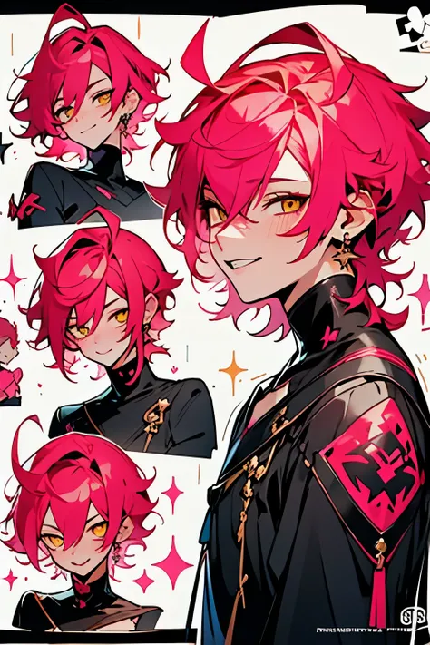 Masterpiece, best quality, solo, 1 male, short hair, pink hair, yellow eyes, smile facial