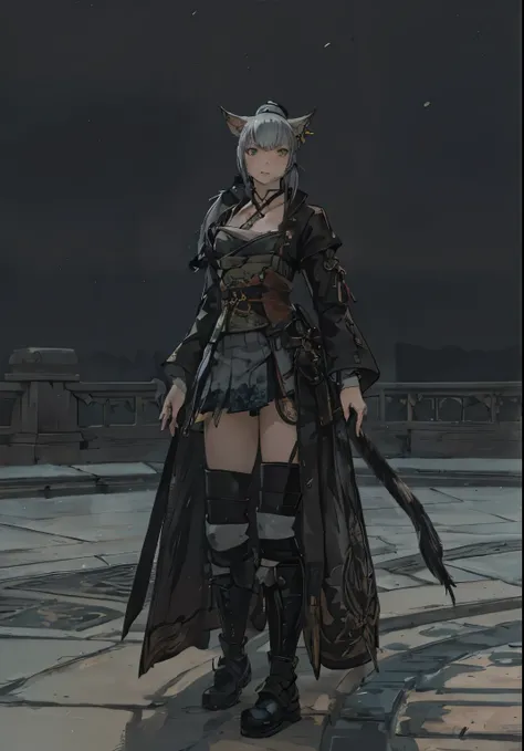 miqote, ffxiv, catgirl, samurai, silver hair, blue-green eyes, tail, bangs, ponytail, small , skirt,