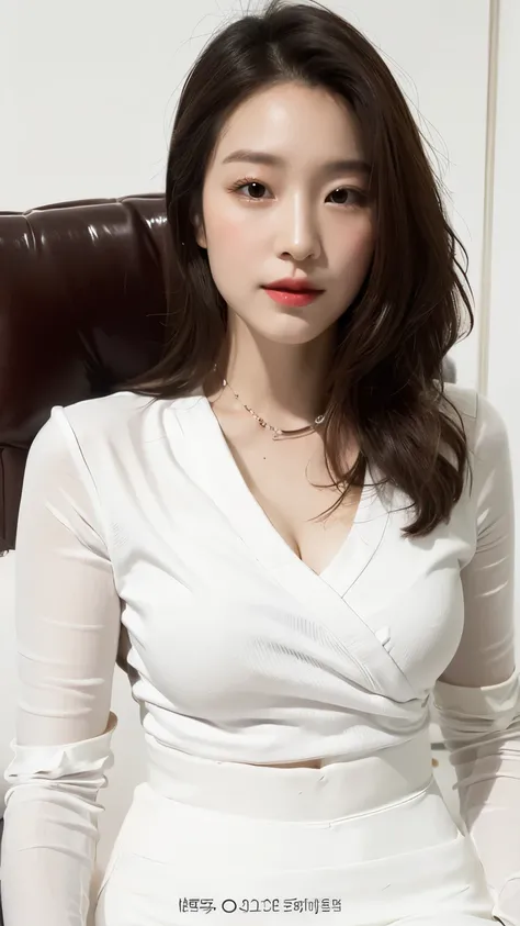 Close-up of a woman wearing a white shirt sitting on a chair, Sleek white skintight suit, gorgeous young korean woman, beautiful south korean woman, V-chest clothes, Gorgeous Chinese model, korean girl, wearing tight shirt, tight shirt, Wearing a white V-n...