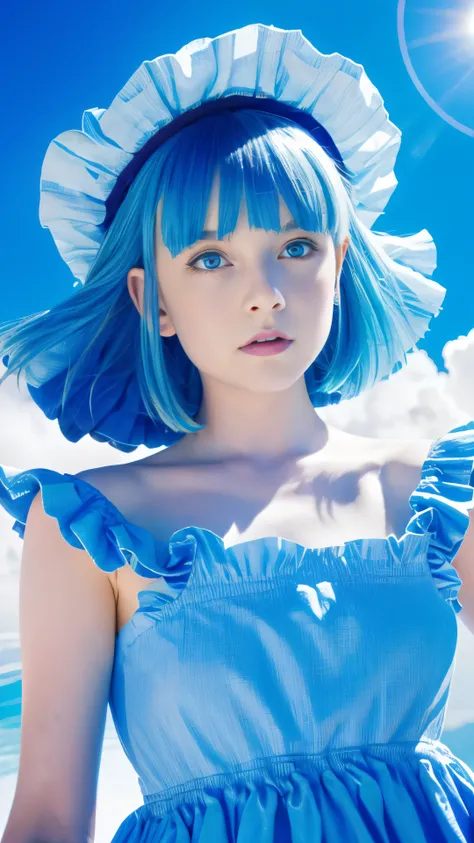 absurdres, highres, (official art, beautiful and aesthetic:1.2), (near vision:1.15), (1girl, blue hair, medium hair, blue eyes, bright eyes, long white dress, blue ruffle,:1.2) blue sky, Shimmering Galaxy, (Salar de Uyuni:1.2), (fractal art:0.8), water eff...