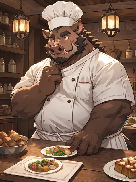 A fat wild boar monster with a massive body wearing a chef&#39;s clothes., White gown, 1800s atmosphere, a shabby tavern, A wild boar monster face with a kind expression, A worried expression with hand on chin, waiting expression, wearing a chef hat