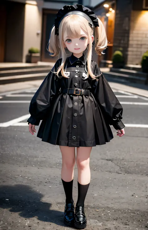 Super cute little loli, 16 years old, (shoe), Little girl standing on the ground, from head to foot, Correct human anatomy, ((black socks)), , black goth style skirt, ((Black buckle shoes)), young face, (Lively smile), Small face, Clouds float gently, Extr...