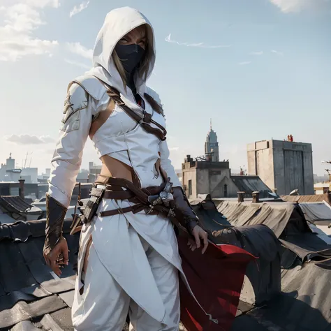 blonde girl, white assassins creed cloak with red trim, white pants, standing on corner of roof top, over looking a city