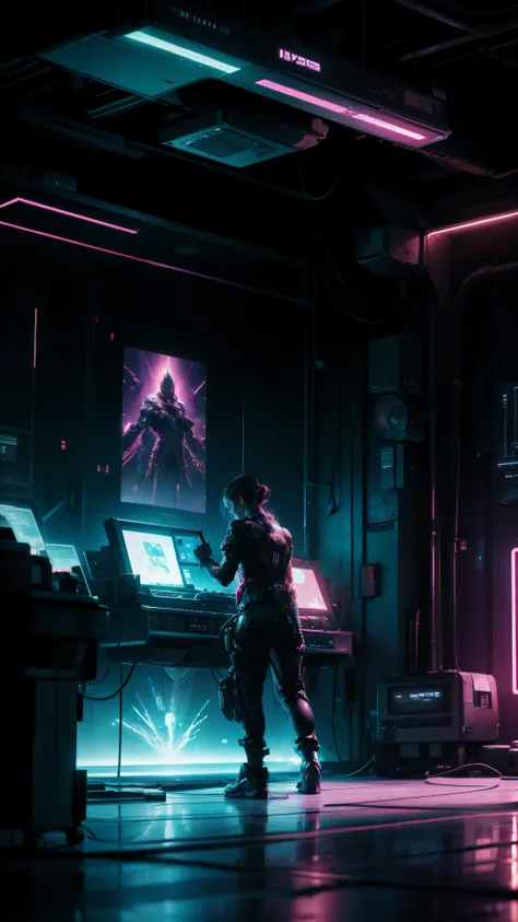 High-definition images with ultra-fine detail and cinematic lighting, evoking a cyberpunk atmosphere. A giant cellphone appearing on the screen, upscaled to the highest resolution, with neon lights illuminating the edges and holographic text hovering above...