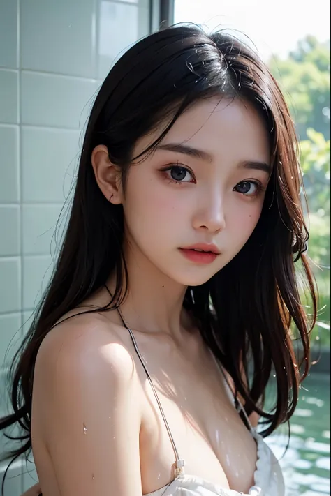 beautiful face、best quality、Super high natural light、shiny skin、delicate skin、delicate face、narrow eyes、beautiful japanese girl、Soaked、wet、shower