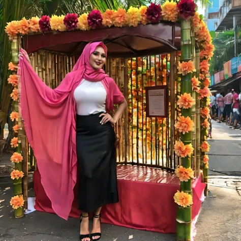 (voluptuous,curvy,beautiful) Malaysian woman,(bikini:hijab) combination,operating a (kissing booth:romantic booth) on a street corner in her neighborhood. (Vibrant, colorful, lively) scene with (crowds:gathered crowd) of (diverse:curious:excited) people. T...