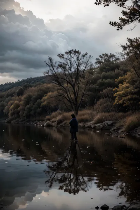 A gray sky full of heavy clouds, prestes a desabar em chuva. No horizonte, trees bare of leaves, bowed by the weight of silence and solitude. Em primeiro plano, A lone figure, encolhida sob um guarda-chuva quebrado, reflecting the melancholy of a broken he...