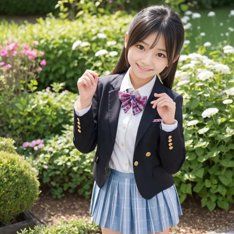 ((8K)),((Japanese)),(16 years old:1.6),(innocent face:1.5),(highly detailed face),girl,cute,uniform,blazer,Chak-patterned skirt,black hair,baby face、smile、garden、bright、kind、