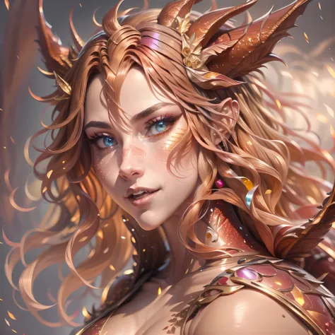 (best quality,4k,8k,highres,masterpiece:1.2, portrait), ultra-detailed, realistic, naked sexy dragon woman with red and gold glittering scales, skin is glittering ruby and golden scales, long wavy blonde hair with red highlights, very playful but mischievo...