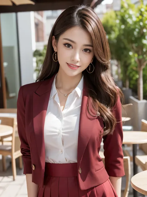 Best quality at best, realistically, ultra - detailed, Detailed pubic hair, A high resolution, 8K wallpaper, 1 Beautiful woman, pink wet lips, light brown messy hair, Wear a crimson office suit with black short skirt, lock focus, Perfect dynamic compositio...