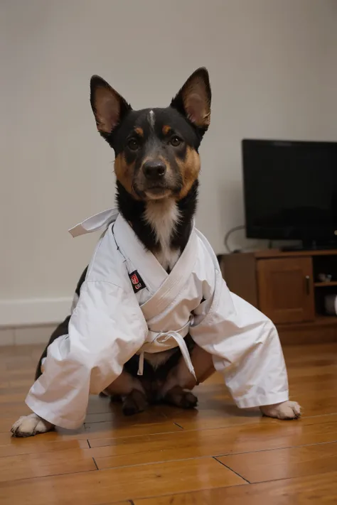 Perro con traje de taekwondo

