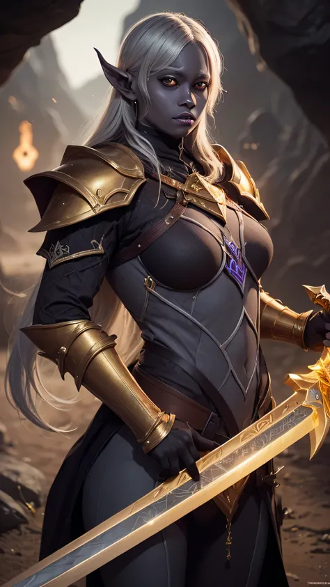 (masterpiece:0.8, best quality:1.5), intricate:1.8, (((((ONE gigantic golden sword, glowing, engraved)), underground shadow cavern, fujifilm, 8k, depth of field, bokeh))), BREAK; far away woman paladin (((drow))), medieval armor black chrome