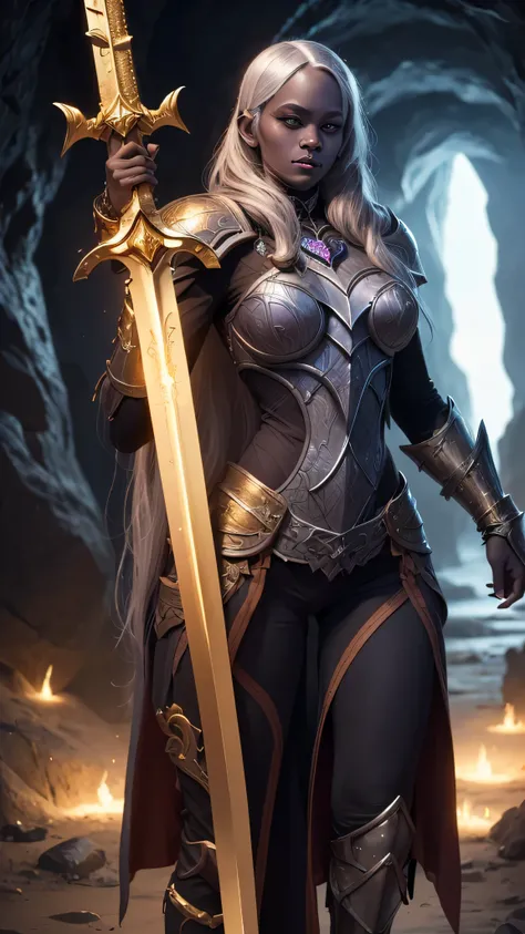 (masterpiece:0.8, best quality:1.5), intricate:1.8, (((((ONE gigantic golden sword, glowing, engraved)), underground shadow cavern, fujifilm, 8k, depth of field, bokeh))), BREAK; far away woman paladin (((drow))), medieval armor black chrome