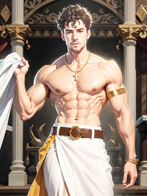 ((best quality)), ((masterpiece)), (detailed), 1boy, thin, greek temple, renaissance, short curly hair, beautiful male face, detailed eyes, muscular chest, topless, golden chain belt, draped cloth sunga, arm ring, detailed skin, realistic, daeni pin style,...