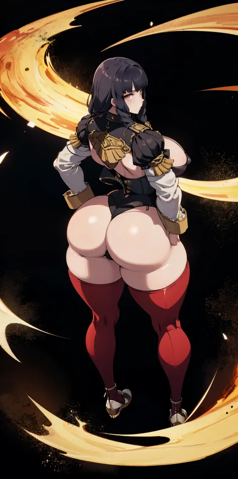 masterpiece, best quality, full body, 1solo full body female uniform, hands on hips full body, whole body. long sleeves, from above far shot, showing ass, black background, golden armor, black collar, pauldrons, breastplate, corset