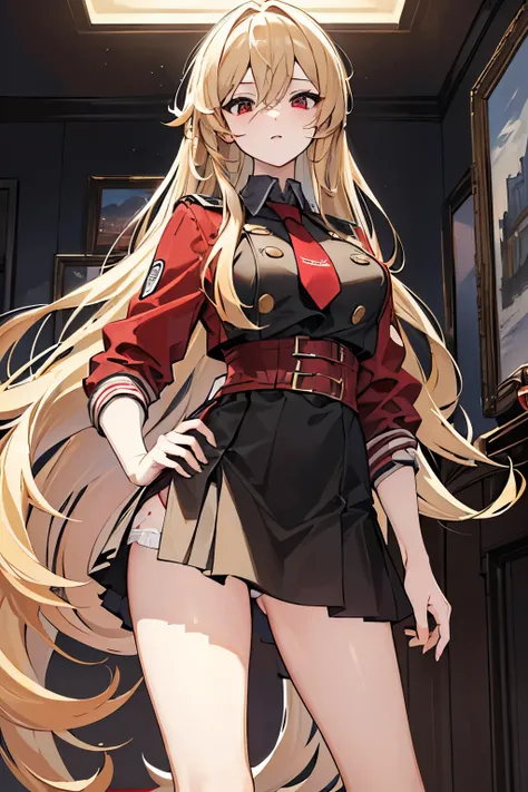 (best quality,masterpiece:1.4)underwear, peeing, blonde, super long hair, hair not tied, female, busty, red and black eyes,drooping eyes, standing, noody,