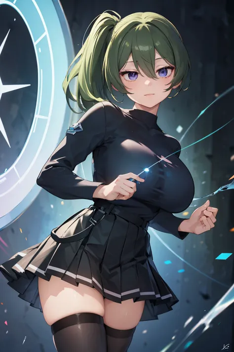 (ultra realistic,32k, masterpiece:1.2),(high detailed skin:1.1),( high quality:1.1),
ubel,dark green hair,long hair,side ponytail,hair between eyes,bangs, black shirt, long sleeves, black skirt, white thighhighs,holographic art studio, holographic sculptur...