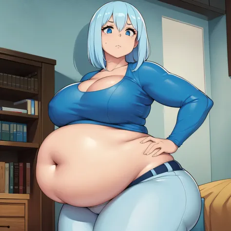 1girl, blue blonde hair, blue skin, blue eyes, blue face, blue belly, blue arms, blue nose, blue butt, hands on her belly, big blue belly, medium arms, medium butt, medium breasts, front view, blue blonde hair, blue clothes