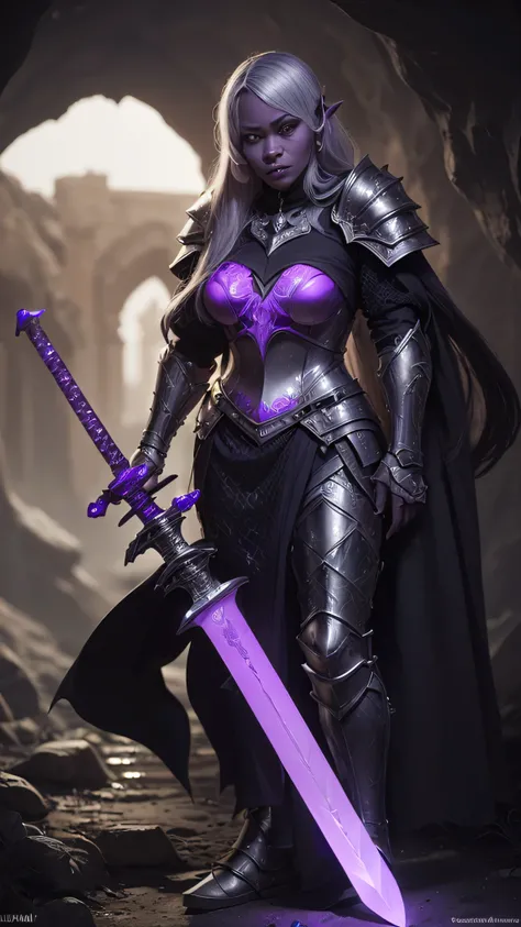 (masterpiece:0.8, best quality:1.5), intricate:1.8, (((((ONE gigantic glowing purple sword, etched, engraved)), underground shadow cavern, fujifilm, 8k, depth of field, bokeh))), BREAK; far away woman paladin (((drow, medieval armor black chrome perfectcha...