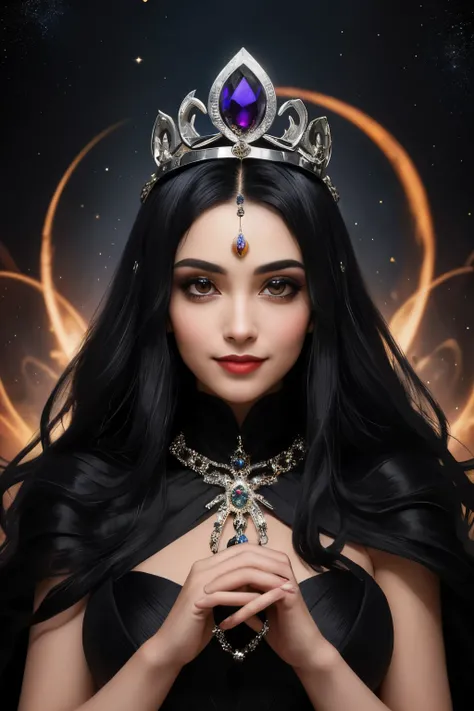 ((best quality)), ((masterpiece)), (detailed), perfect face, Empress Zarathena, the Mistress of the Void, is a vision of cosmic elegance and darkness intertwined. Clad in a gown woven from the fabric of the universe itself, she radiates an ethereal aura th...