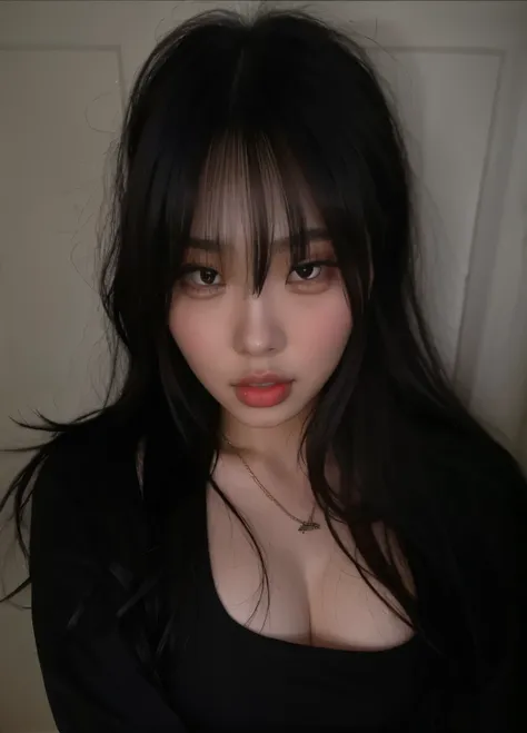 curvy asian woman with long black hair and black blouse,  coreana, asian girl, she has black hair com franja, asian face, 18 ano...