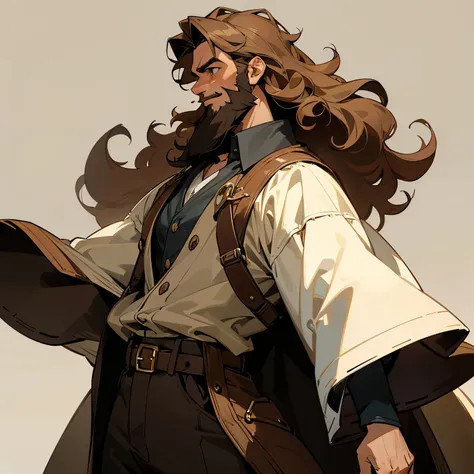 A 35-year-old man who dresses like a cowboy. He has light brown, curly hair., He also has a bit of a beard