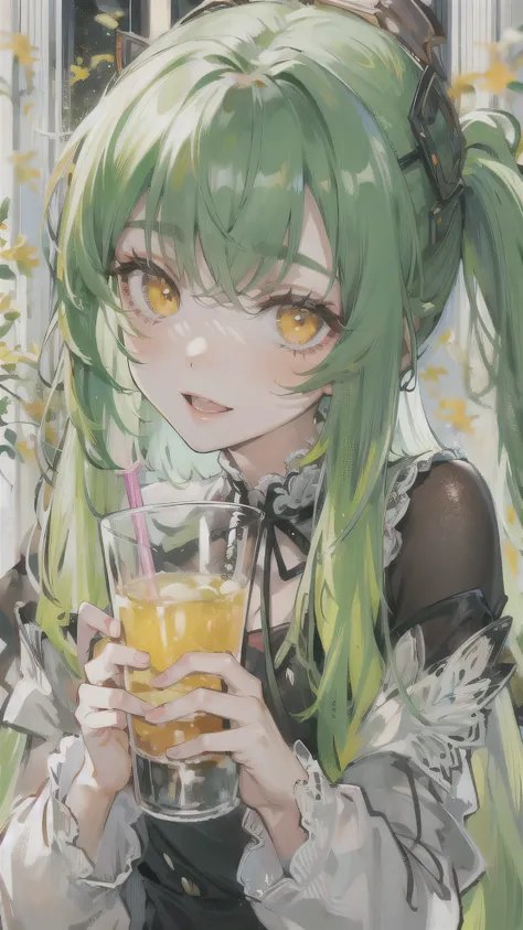 perfect anatomy, masterpiece:1.4, best quality, 8k, beautiful detailed grow, daydreaming expression, (in a glay cute Gothic Dress) (solo ponytail green hair long hair cute girl, 15 yo, cute yellow eyes, happy smile), (hands holding a drink), break, in the ...