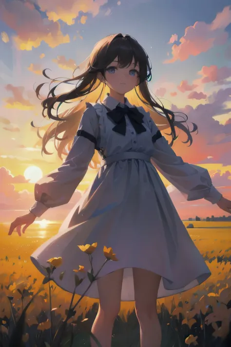 girl standing in field, closeup, portrait, clouds, sunrise