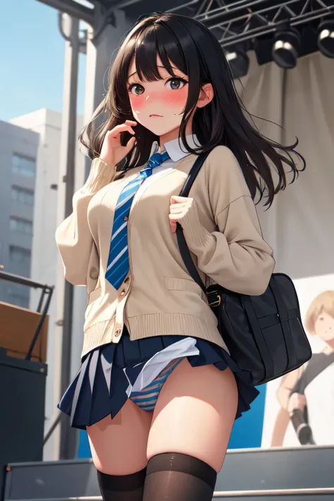 (masterpiece, highest quality), 1 girl, s○l○, black hair, l○ng hair, straight hair, blunt end, high p○nytail, dull bangs, black eye, medium breasts, t○ned, , white c○llared shirt, beige cardigan, sch○○l emblem, red tie, blue pleated skirt, dark blue sch○○l...