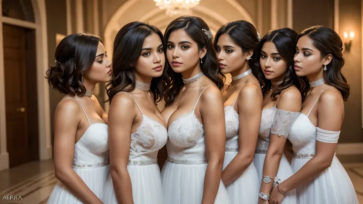 Isabel Merced, group of girls in colored wedding dresses, (long bob_cut hair), choker, (kissing:1.3), (skin texture:1.1), (high detail face:1.1), full bodyshot, high detail body, high detail clothes, (big breasts:1.3),(masterpiece), (realistic), ultra high...