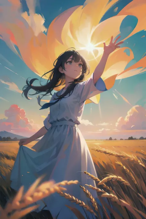 Fresh painting style，In the wheat field，A girl，Keep your hands out of the sun，Bright sky，The perspective of looking up，Anime characters，ultra - detailed，Highly realistic，tmasterpiece，8K，hyper HD