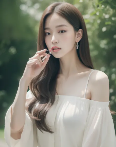 ((Best quality, 8k, Masterpiece :1.3)), 1 Asian Girl named Jennie from Blackpink, wearing a pristine white blouse: 1.2, using a delicate lip tint on her lips: 1.2, long flowing hair: 1.3, 18-year-old: 1.1,

(Lifelike, high resolution: 1.3), 1 beautiful and...