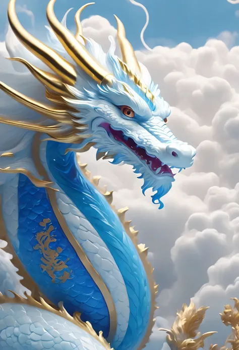 super detailed，super realistic，scales，detail，close up，chinese dragon，in the clouds，large white clouds，blue，silver scales，gold te...